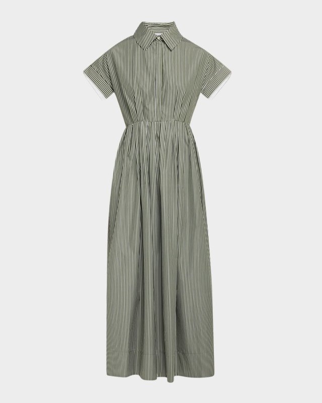 Striped Short-Sleeve Pleated Midi Shirtdress